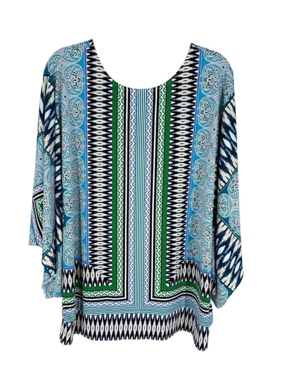Chicos Kimono Sleeve Blouse Size 3 Blue Green Mosaic Print Jersey Knit Womens XL